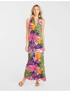 Tommy Bahama Remy Retro Maxi Dress Tropical Linen Racerback Pink Floral Resort S